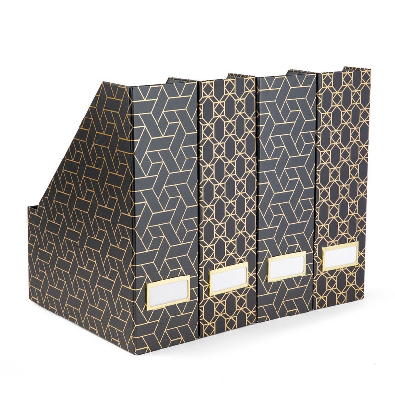 BLU MONACO | Set of 4 Black & Gold Geometric Magazine File Holders with Gold Label Holders | Stylish Vertical File Organizer Boxes for Desk, Bookshelf & Office Storage - Image 1